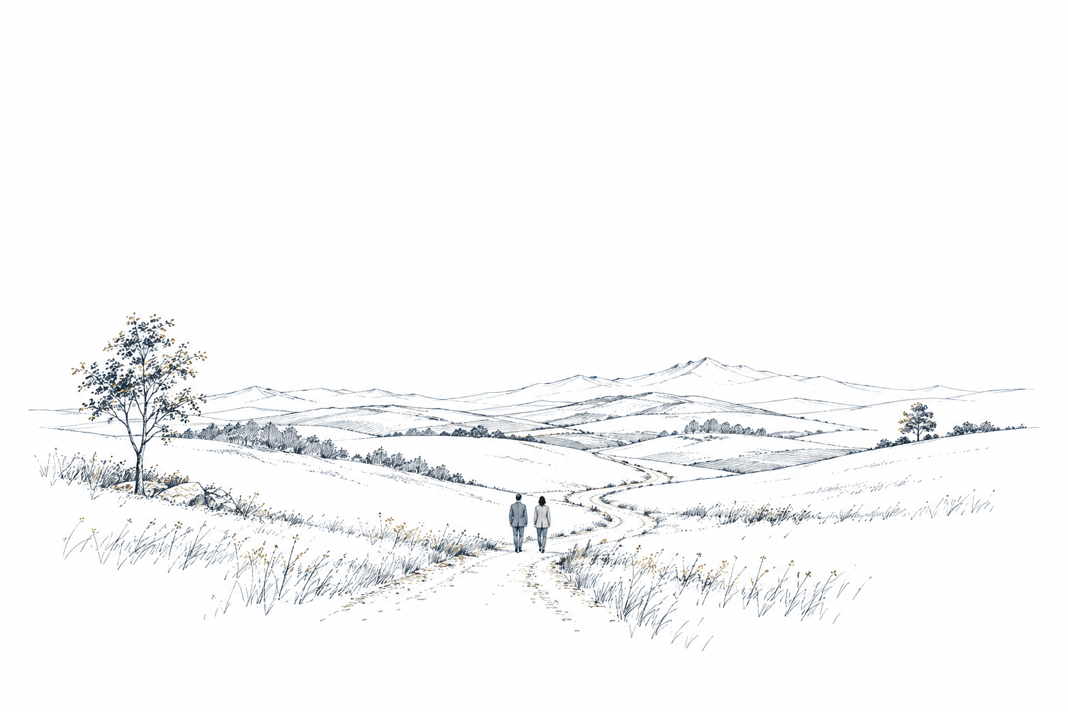 緩やかな道を並んで歩き、遠くの景色を見つめる二人の線画